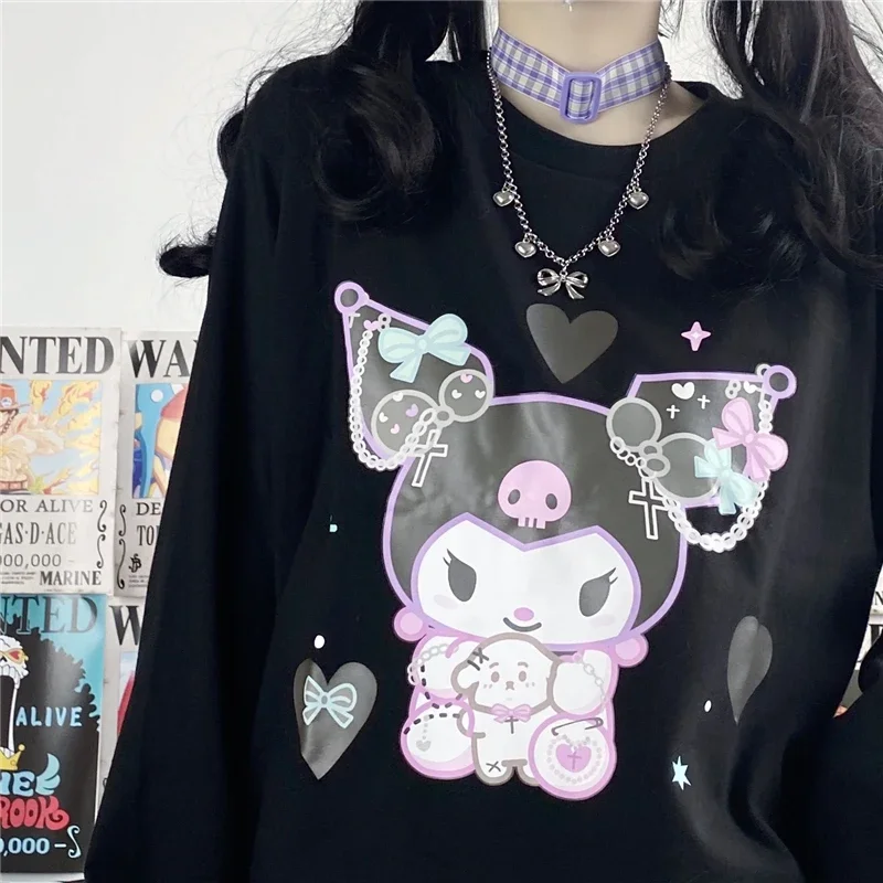 Harajuku Japan Style Sweet Cartoon Sanrio Kuromi Printed Long Sleeve T-shirt Women Autumn Streetwear O-neck Tee Shirt Girls Tops