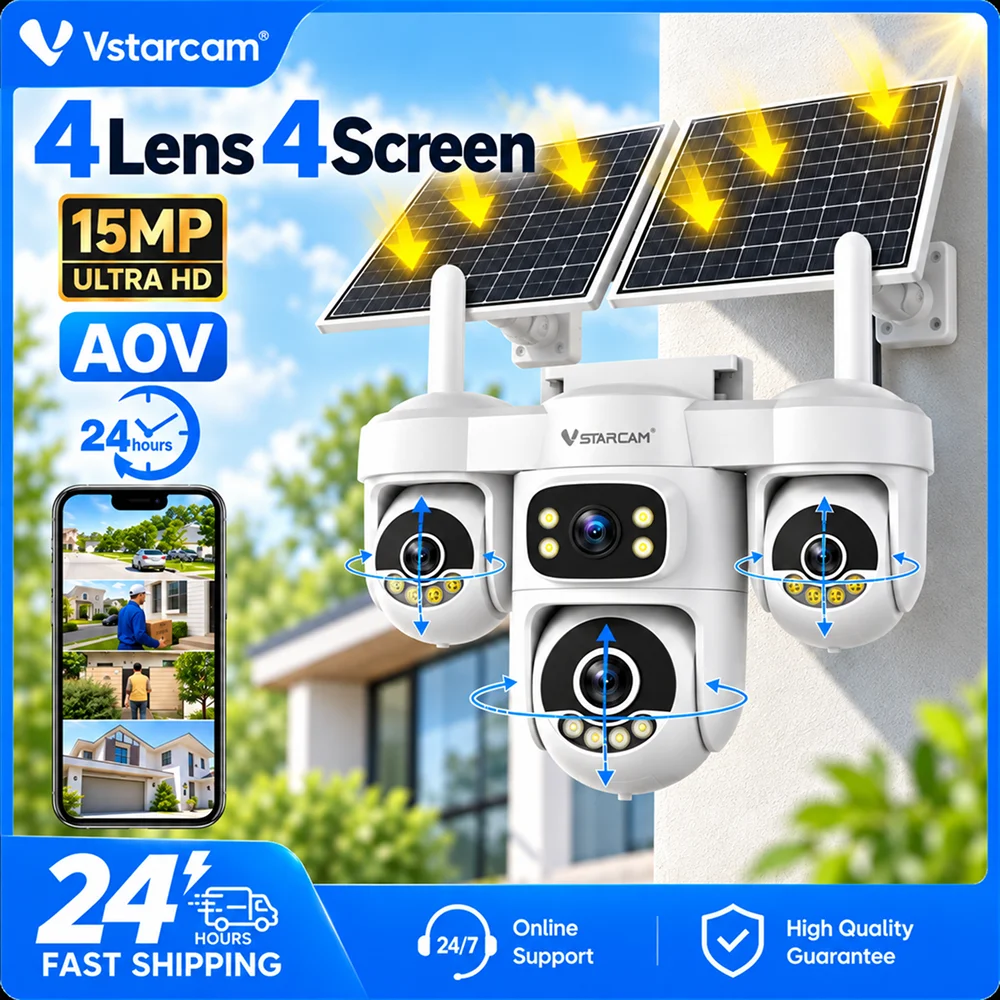 Vstarcam Telecamera di Sicurezza Solare da Esterno 15MP 4 Schermi Zoom Ottico 12X PTZ 360 ° Telecamera CCTV Wireless AOV con Registrazione 24/7 Impermeabile Telecamera Video per Esterni e Strade