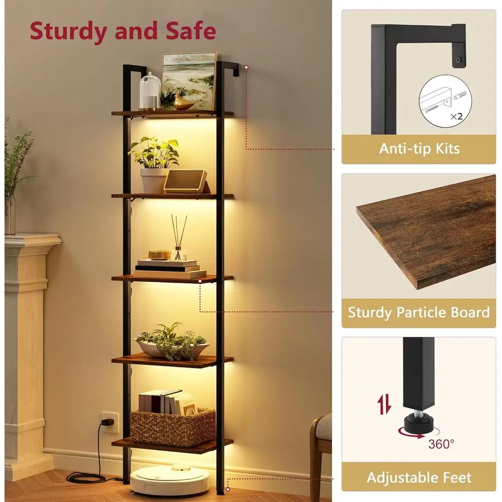 Prateleira de escada com estrutura de metal rústica marrom para sala de estar, quarto, escritório com luz LED