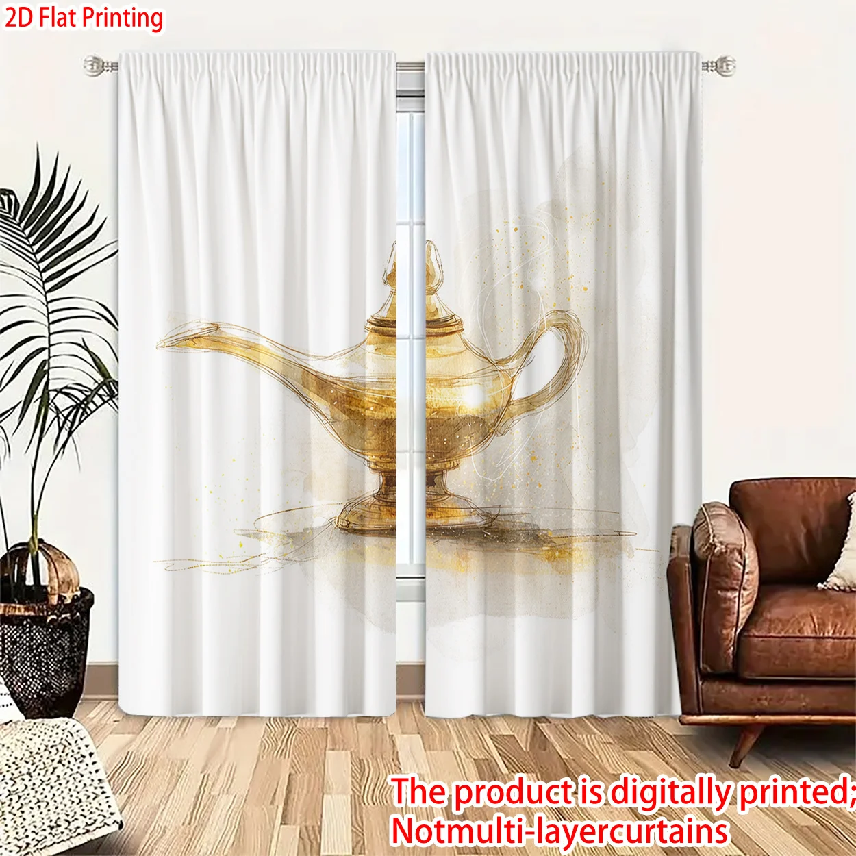 Modern Elegant Abstract Teapot Art Curtain Panels Gold Print Window Drapes for Living Room Bedroom Home Decor