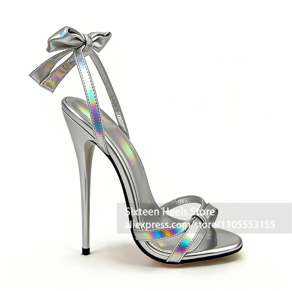 16cm Iridescent Metallic Leather Sandals Sweet Twisted Round Open Toe High Heels Lacquered Heel Handmade Women Shoes Customiable