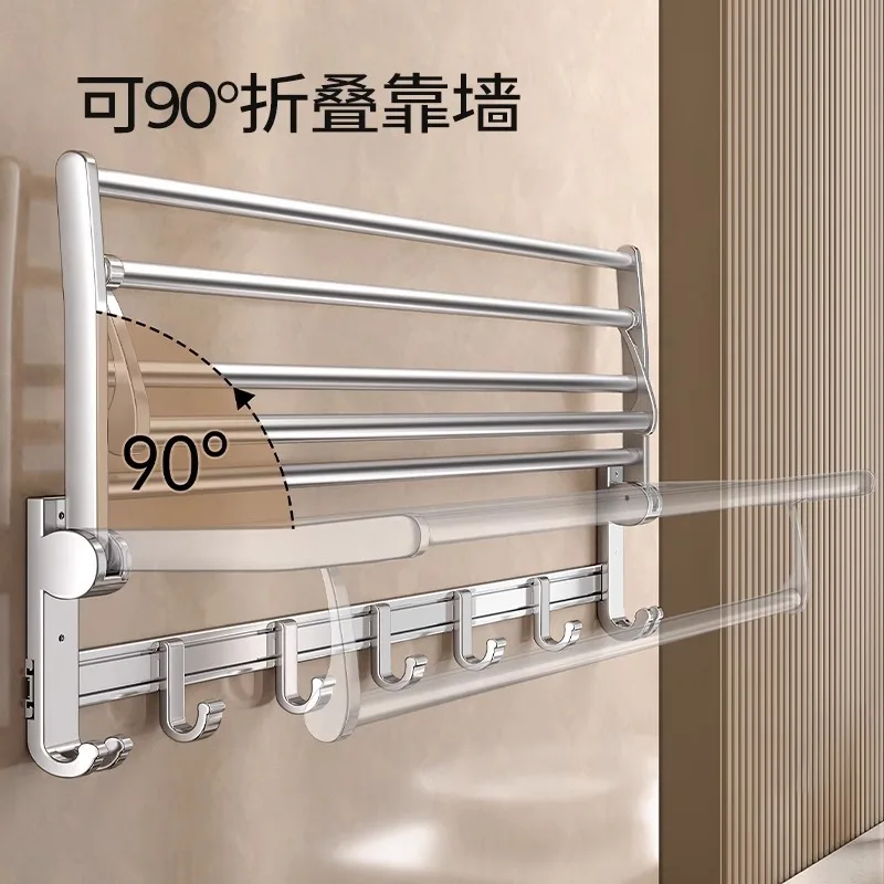 No Drill Aluminum Bathroom Towel Rack Foldable Wall Mounted Double Bar Organizer Hooks Towels In Compact Washrooms