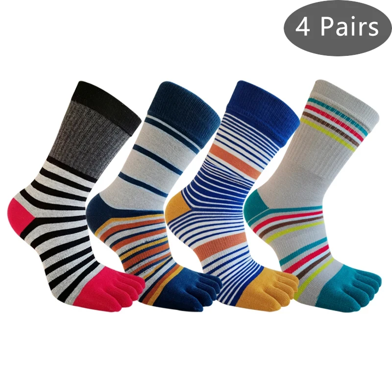 4 Pairs Man Toe Socks Cotton Striped Compression Colorful Business Party Dress Long 5 Finger Happy Socks Fashion 4 Seasons