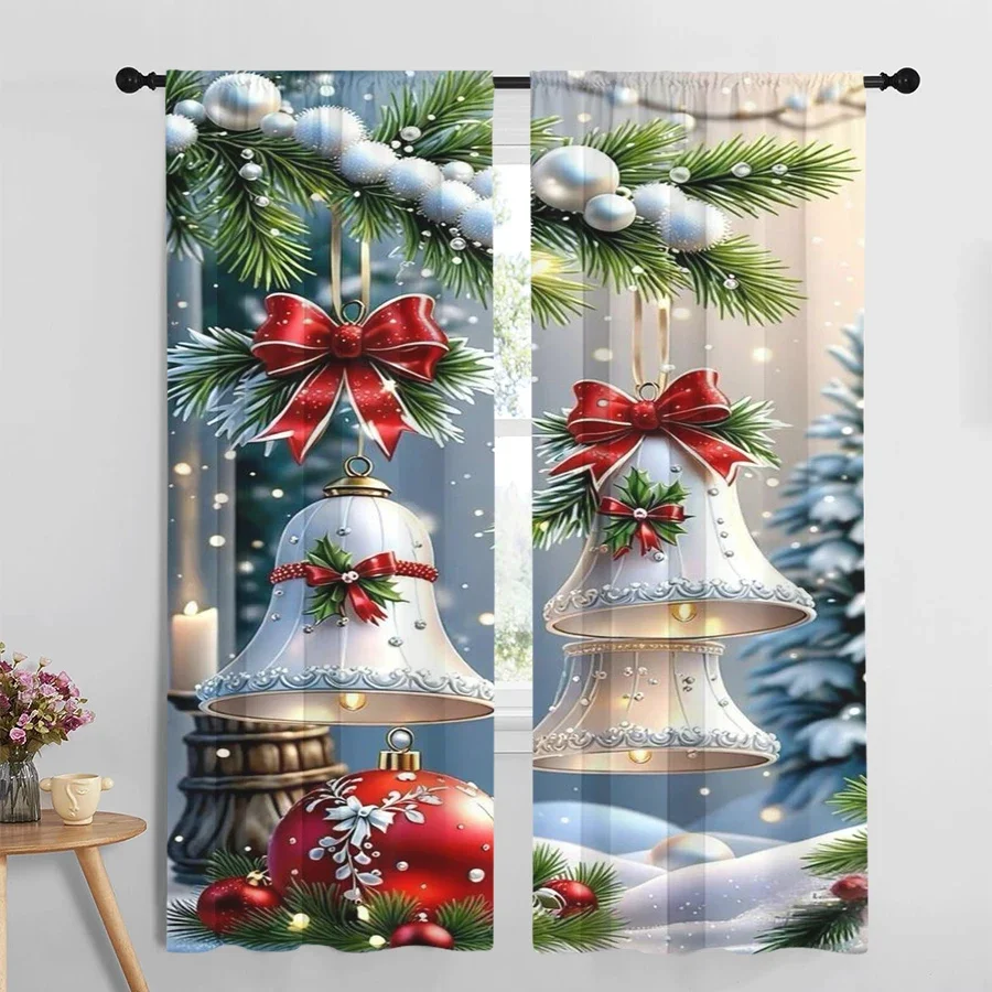 Christmas Holiday Window Curtain Curtain Panel Festive Snow Scene Silver Bells and Red Ornaments Curtain Backdrop