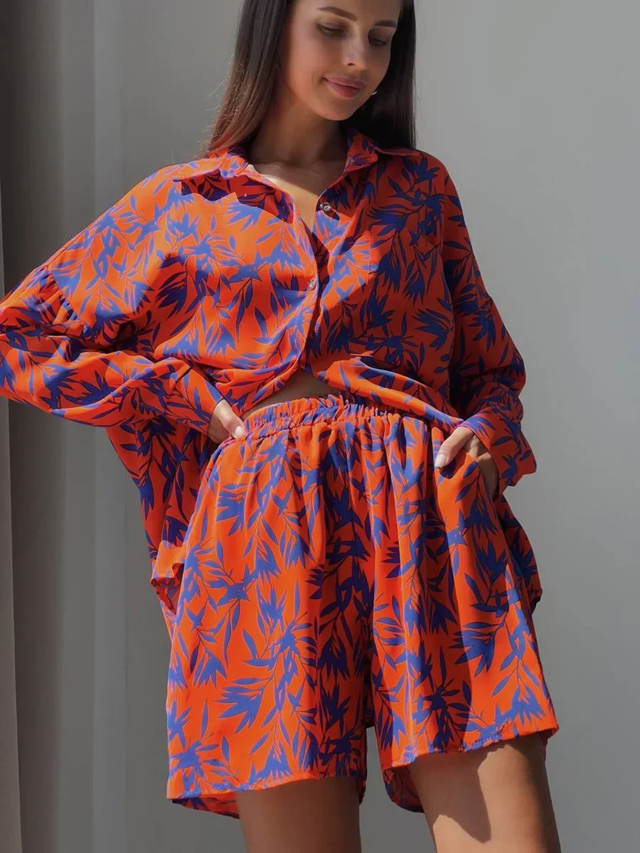 Blubelle  Stylish Printing Casual Women Two Piece Short Sets Summer High Waist Shirt Suit Set Fashion Y2K 2 Pieces Sets