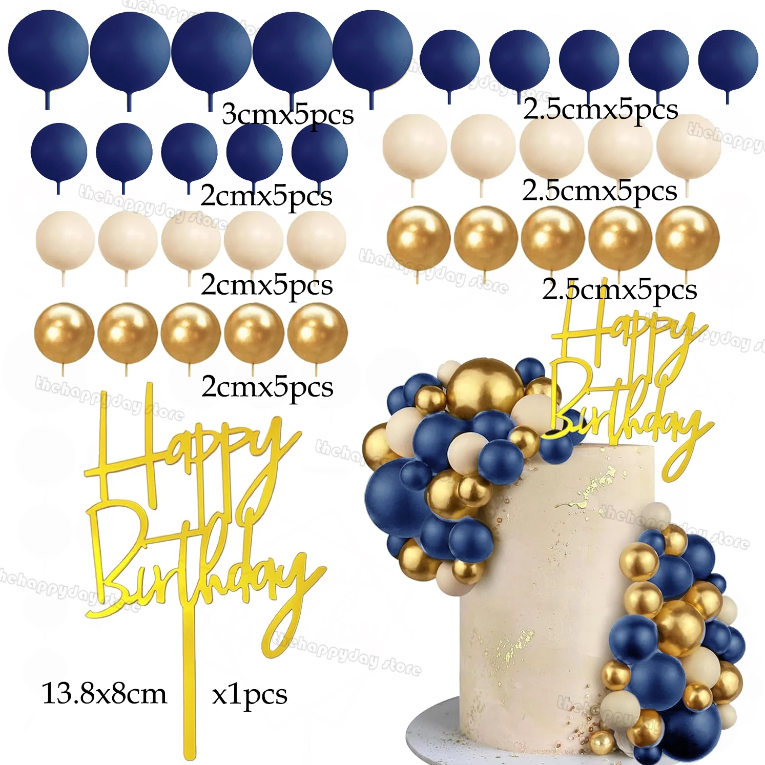 36-teiliges Marineblau-Gold Boho Kuchendekoration-Set Kugeln Cake Topper Happy Birthday Kucheneinsatz Geburtstag Baby-Shower Hochzeitsdekoration – Detail 38