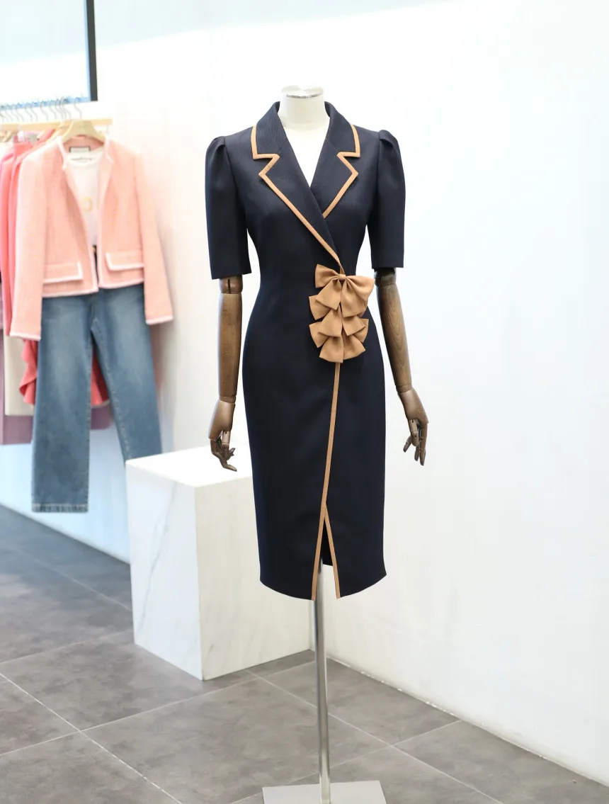 Ele 2023 New Faion ort Sve Suit Collar Commute  Knot Splice Mid-Length Slit Dr Summer Women's Dr