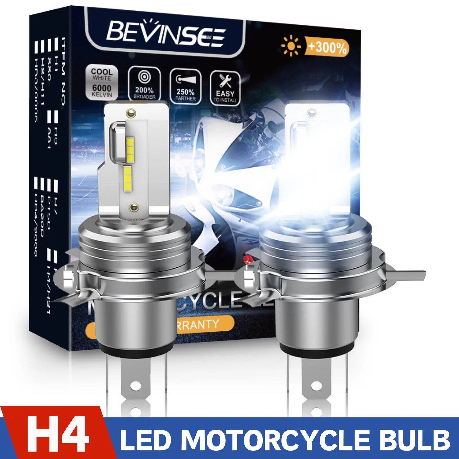 BEVINSEE H4 9003 Светодиодные лампы для мотоциклов Беспроводные неполярные Hi/Lo Высокий и Ближний Свет H4 Светодиодные Мотоциклетные Фары 12 В