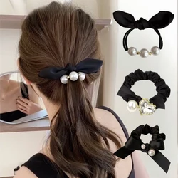 Fashion Imitation Pearl Rhinestone Hair Ties Cute Bowknot Heart Shaped Hair Rope for Women Girls Ponytail Scrunchies Xmas Gifts