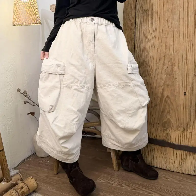 2026 Autumn New Arts Style Women Elastic Waist Loose Calf-length Pants Side Pocket All-matched Casual Cotton Harem Pants H168