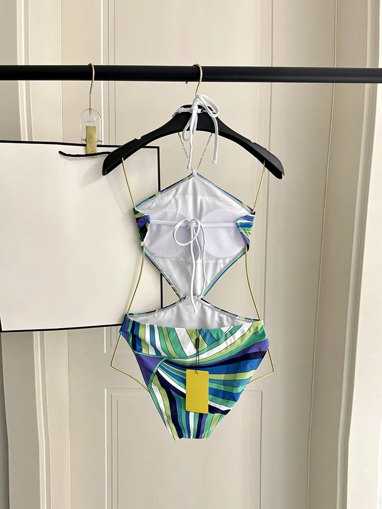 Summer Fashion Beach Resort Geometric Print One-piece Swimming Suit Women's Metal Chain Hang One's Neck Expose Waist Slim Romper