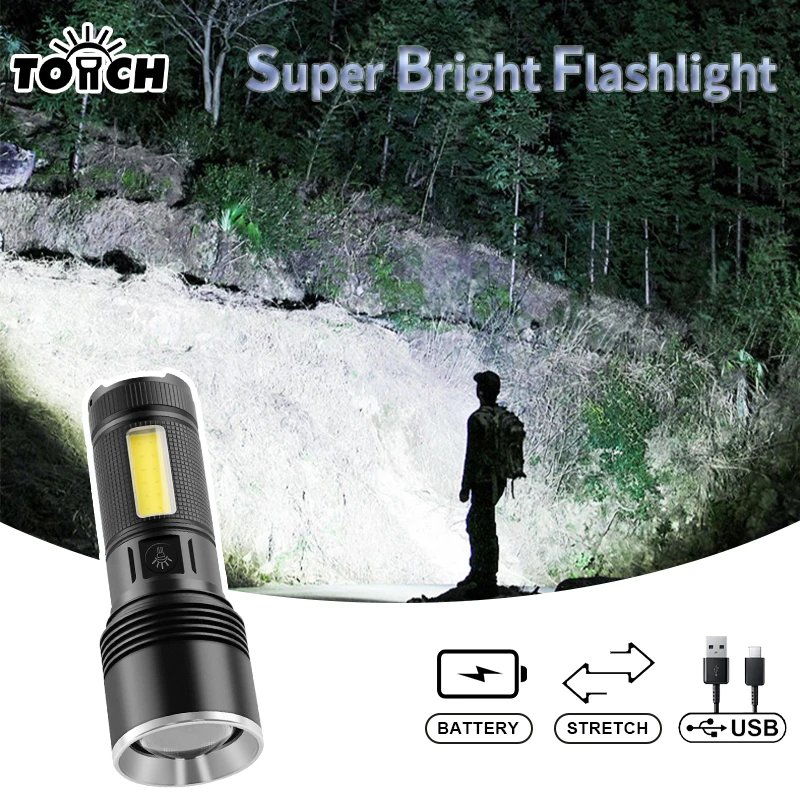 Rechargeable LED tactical flashlight, adjustable-focus flashlight, outdoor and household emergency lighting.