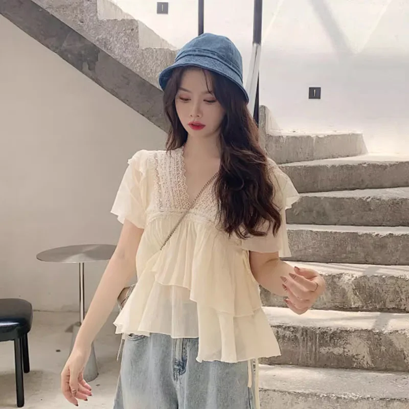 Women's Shirt Summer Korean Version Lace flounce Short Sleeves Shirt