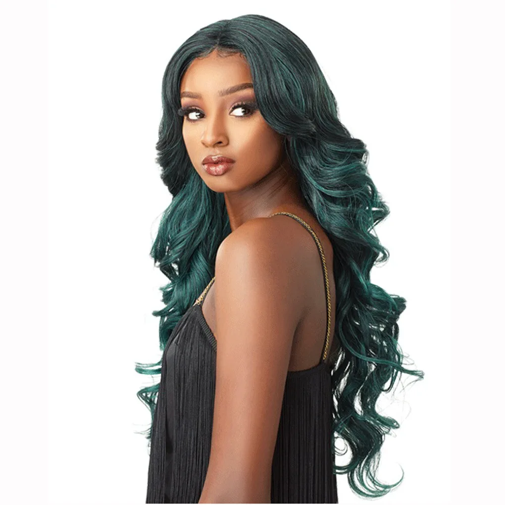 Synthetic Long Wavy Water Wave Green Wig Fashion Cosplay Party Daily Use Heat Resistant Fiber Hair for Women