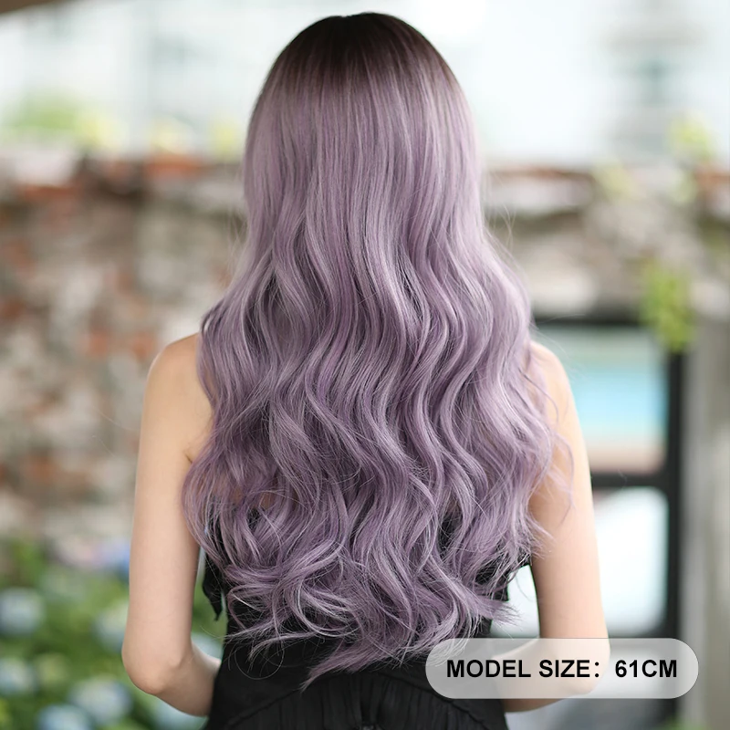 7JHH-peluca Lolita ondulada de cuerpo sintético para mujer, pelo morado con raíces oscuras, pelo en capas de alta densidad, amigable con los