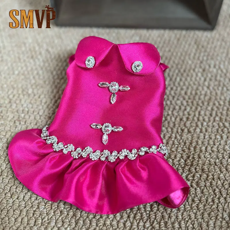 Rose Red Light Luxury Rhinestone Smooth Fabric Princess Dress Elegant Celebrity Style Pet Kitten Small Dog Dress