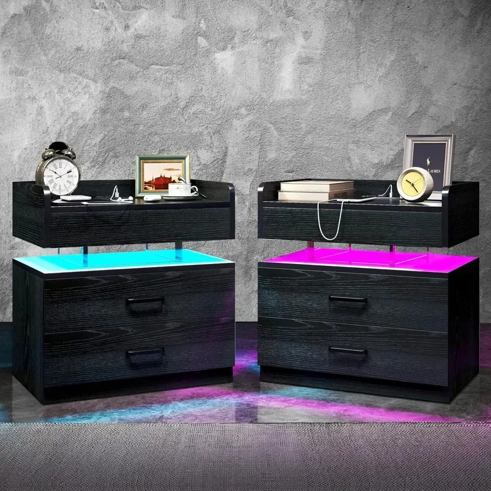 Nightstands Mode, Acrylic Float Table with Charging Station for Bedroom, Side Bed Table with 2 Drawers