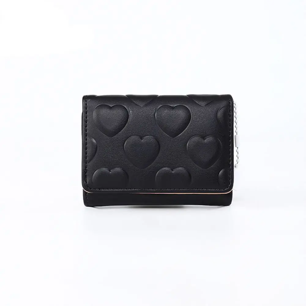 

Multi-purpose Heart-shape Money Bag PU Three Fold Coin Purse Solid Color Card Holder for Women Student