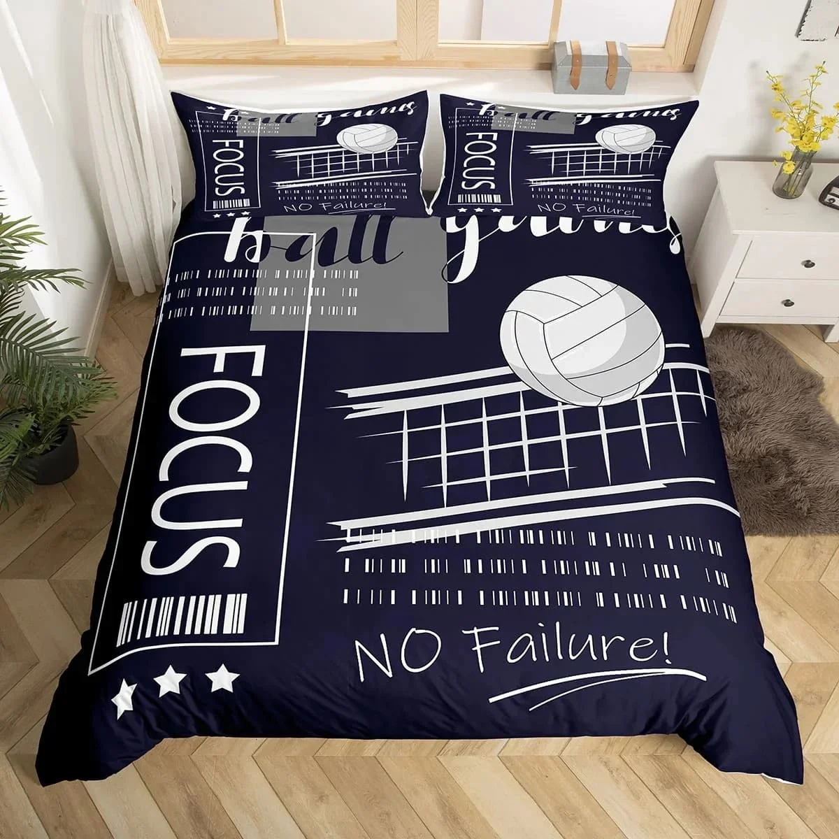 

Volleyball Duvet Cover Set Queen Size, Ball Sports Theme Bedding Set for Teens Bedroom Decor, Black and White Comforter Cover