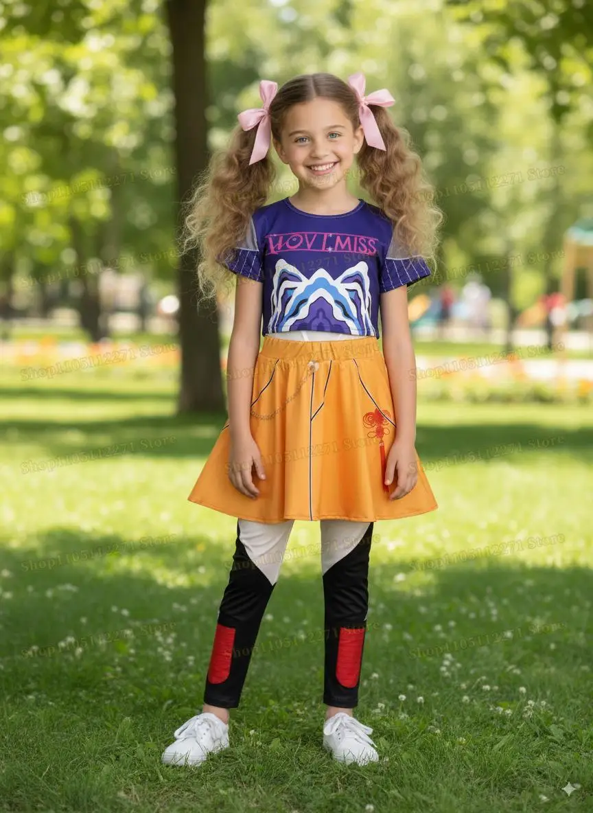 2026 Bambini Ragazze Film Kpop Rumi Costume Cosplay Stampa Demon Hunters Zoey Mira Cosplay Carnevale Spettacolo Vestiti Huntrix Set