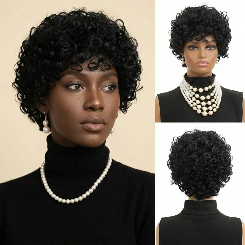 

Short curly synthetic wigs with bangs in pixie and bob cuts. Soft texture, comfy fit for black women daily hairstyle.