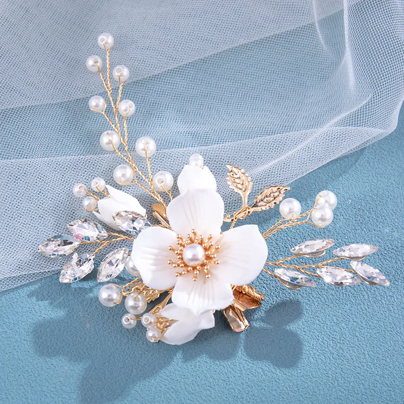 Wedding Flower Girl Bride Pearl Metal Hair Piece Crystals Accessories Hair Clips For Women image 5