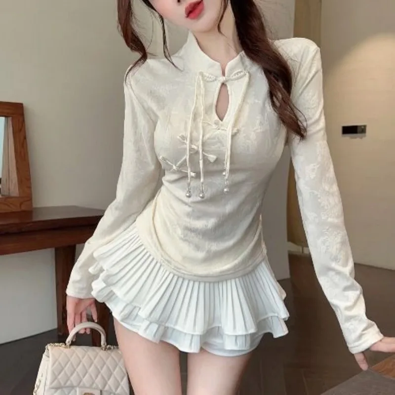 قميص شيونغسام للنساء تشيباو التقليدية الصينية مشبك شيونغسام قميص الخريف بأكمام طويلة قميص قاعدة حمراء الطبقة الداخلية