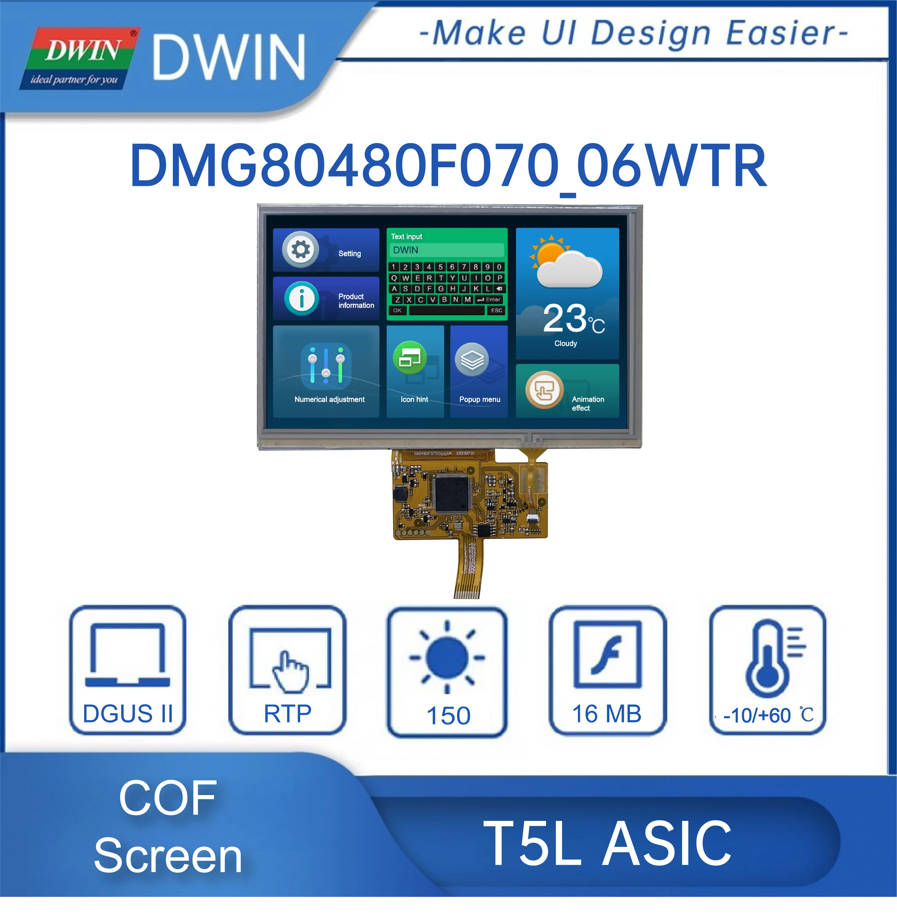 7 Inch 800*480 COF Structure HMI Touch Panel Screen Smart TFT LCD Display Working with Arduino/STM/ESP32 DMG80480F070_06W