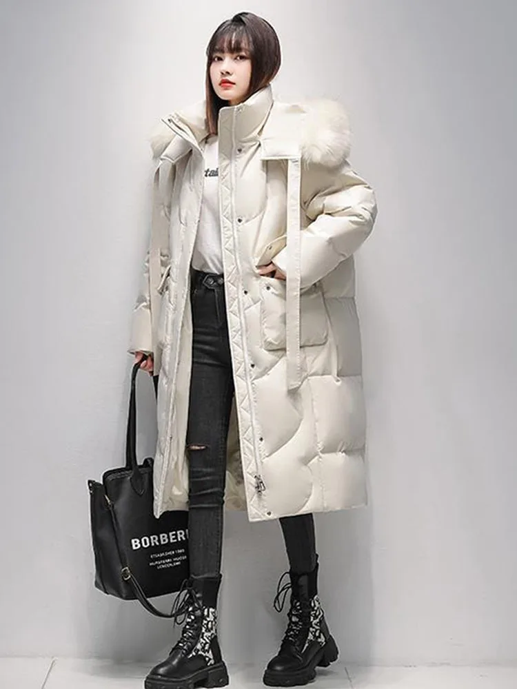 Giacche invernali donna 2024 piumini lunghi moda grande collo di pelliccia di volpe più spesso caldo piumino con cappuccio collo di vera pelliccia