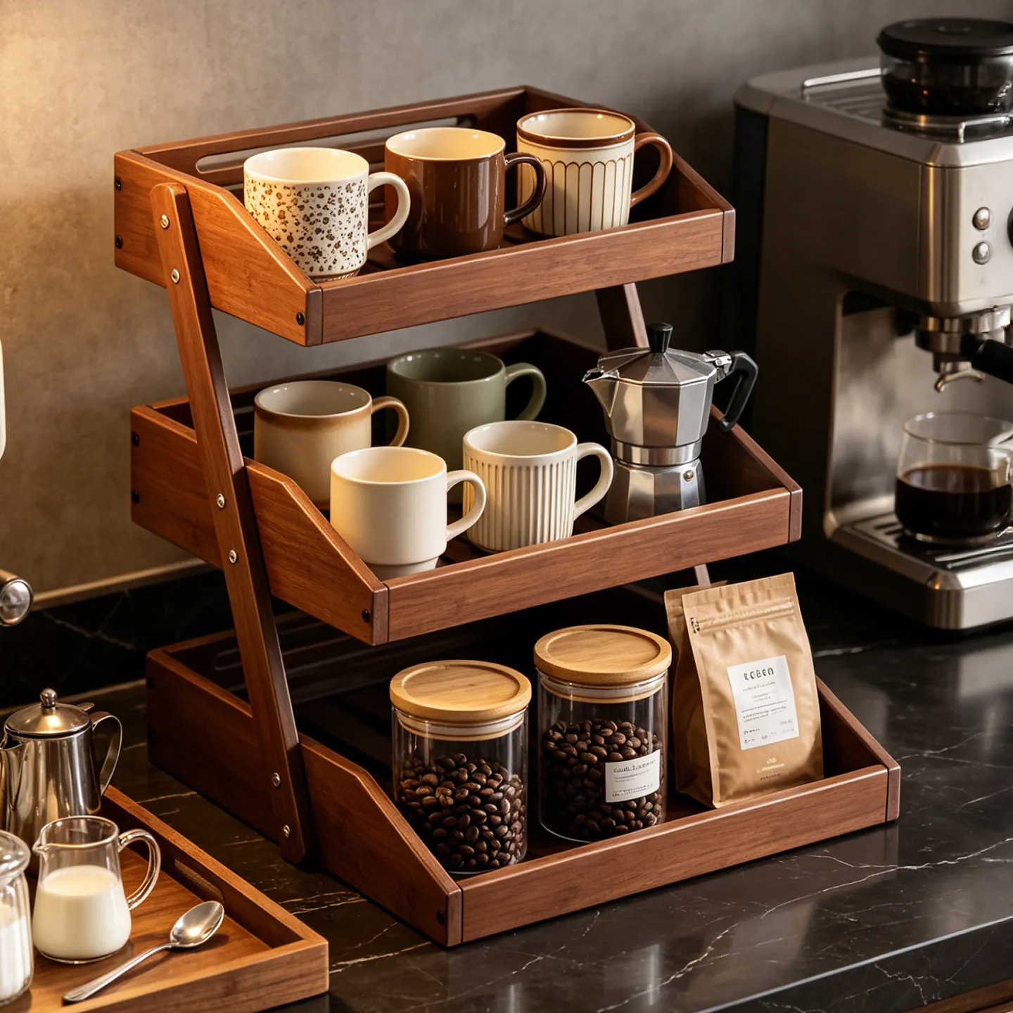 Solid wood desktop storage tea cup holder, antique black walnut multi-layer tea set storage rack, coffee cup holder display rack