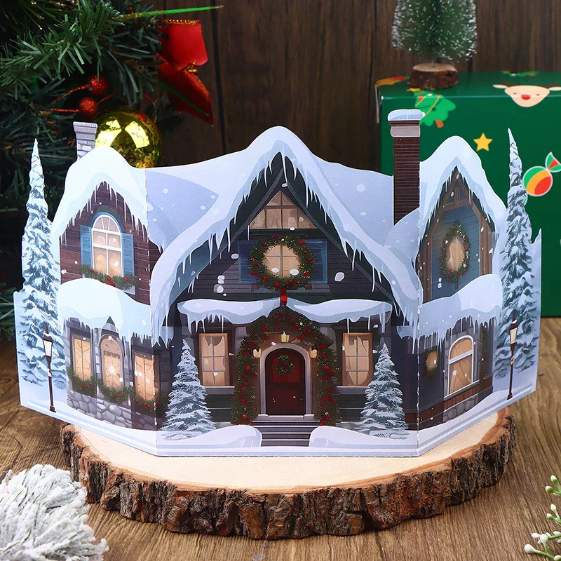 قطعة واحدة من بطاقة عيد الميلاد ثلاثية الأبعاد مع منزل شتوي ثلجي ومغلف بتصميم ELK متضمن تحية احتفالية لأصدقاء العائلة #5