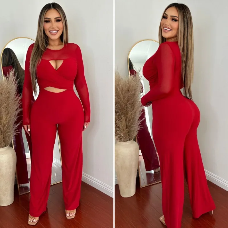 

European and American sexy patchwork women's jumpsuit, hollow out elastic wide leg jumpsuit, red jumpsuit