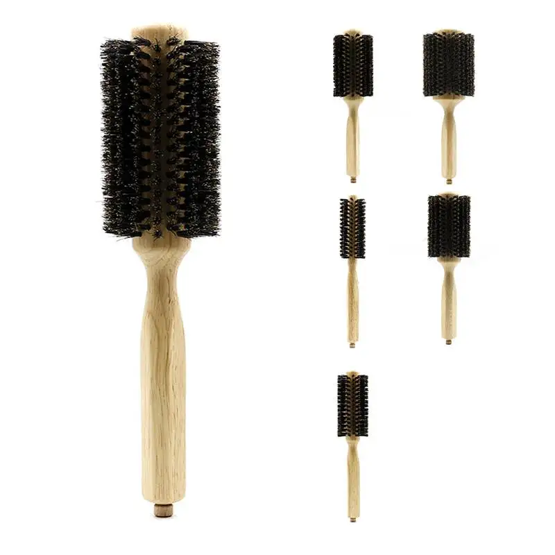 

Barber Salon Wood Handle Boar Bristles Round Brush Removable Tail Professional Hairdressing Hair Brush Hair Round Comb