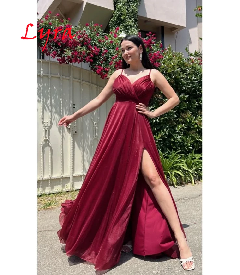 تخصيص رشيقة عنابي الخامس الرقبة بلا أكمام فستان سهرة مثير السباغيتي الأشرطة تول فساتين لحضور الحفلات الموسيقية رداء حفلات حساسة