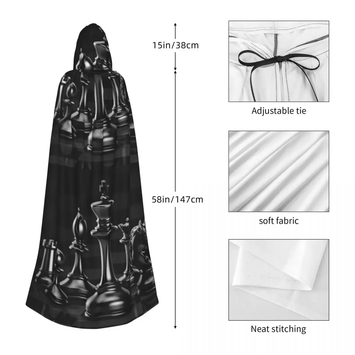 Custom Black King Chess The-chessboard Long Hooded Cloak Witch Medieval Costume Cosplay Cape HalloweenVampire Adult Unisex
