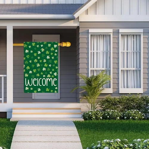 Welcome St. Patrick's Day Green Shamrocks Clovers House Flag Large Burlap 28X... AAV hhz