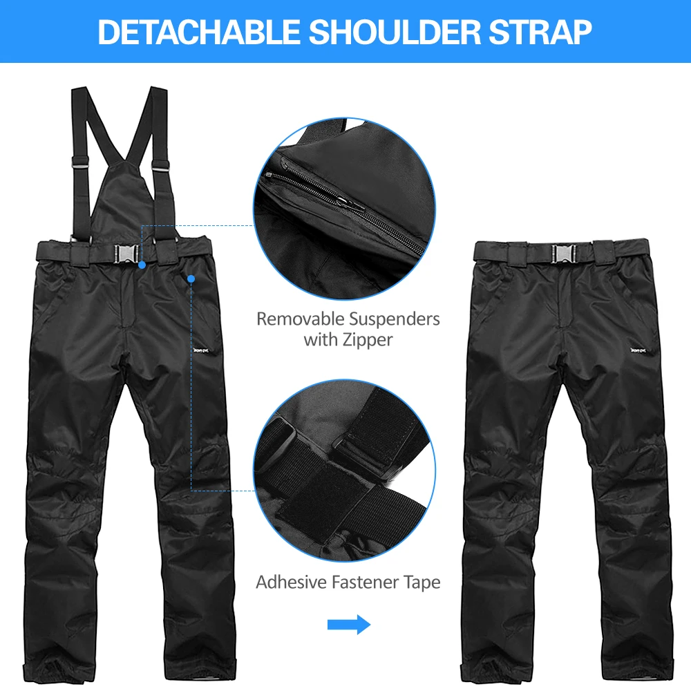 겨울 방한 스노우 팬츠 추운 날씨 방수 스키 팬츠 탈부착 가능한 멜빵이 있는 남녀 공용 스키 스노보드 바지
