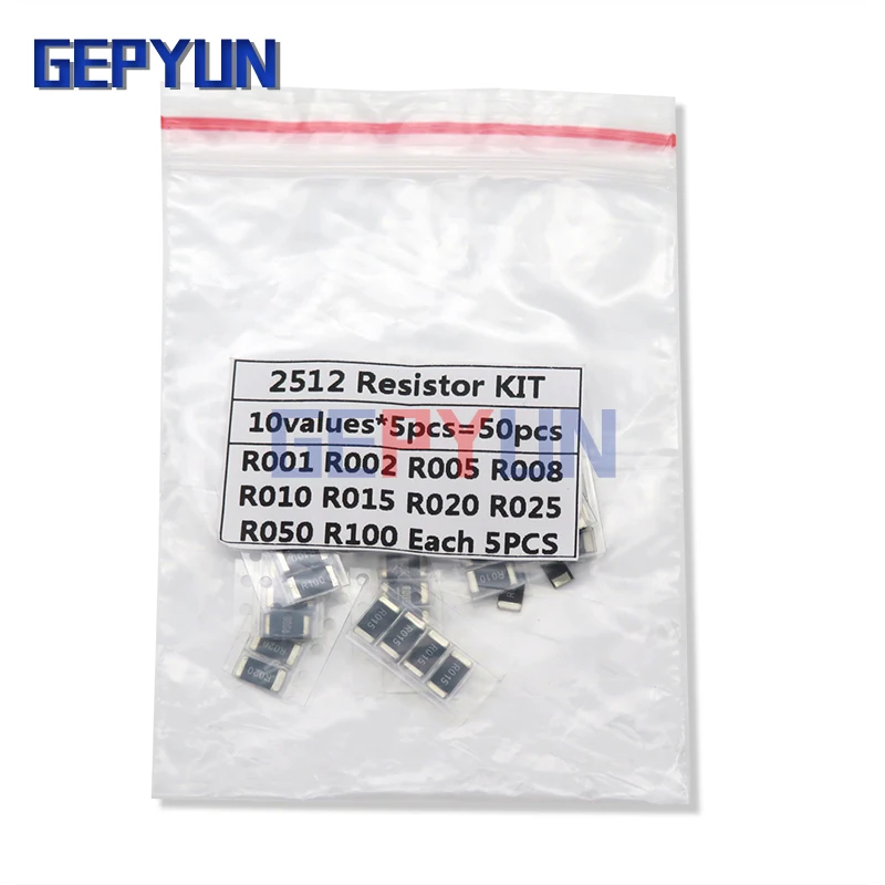 50 szt. Rezystor rezystor ze stopu 2512 SMD zestaw próbek, 10 kindsX5pcs = 50 szt R001 R002 R005 R008 R010 R015 R020 R025 R050 R100