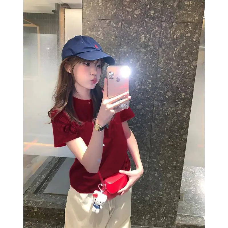 تي شيرت نسائي أنيق بأكمام قصيرة من القطن الخالص، تصميم فريد وعصري لفصل الصيف، جودة عالية، قطن كوري الطراز بقصة مستقيمة