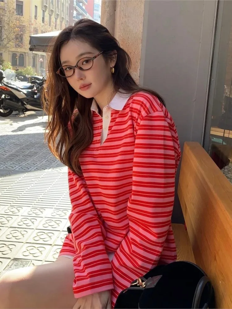 

Retro Striped Pullover Women 2025 New Autumn Fashion Classic Casual Loose T-shirt Chic Korean Long Sleeve Turndown Collar Tops