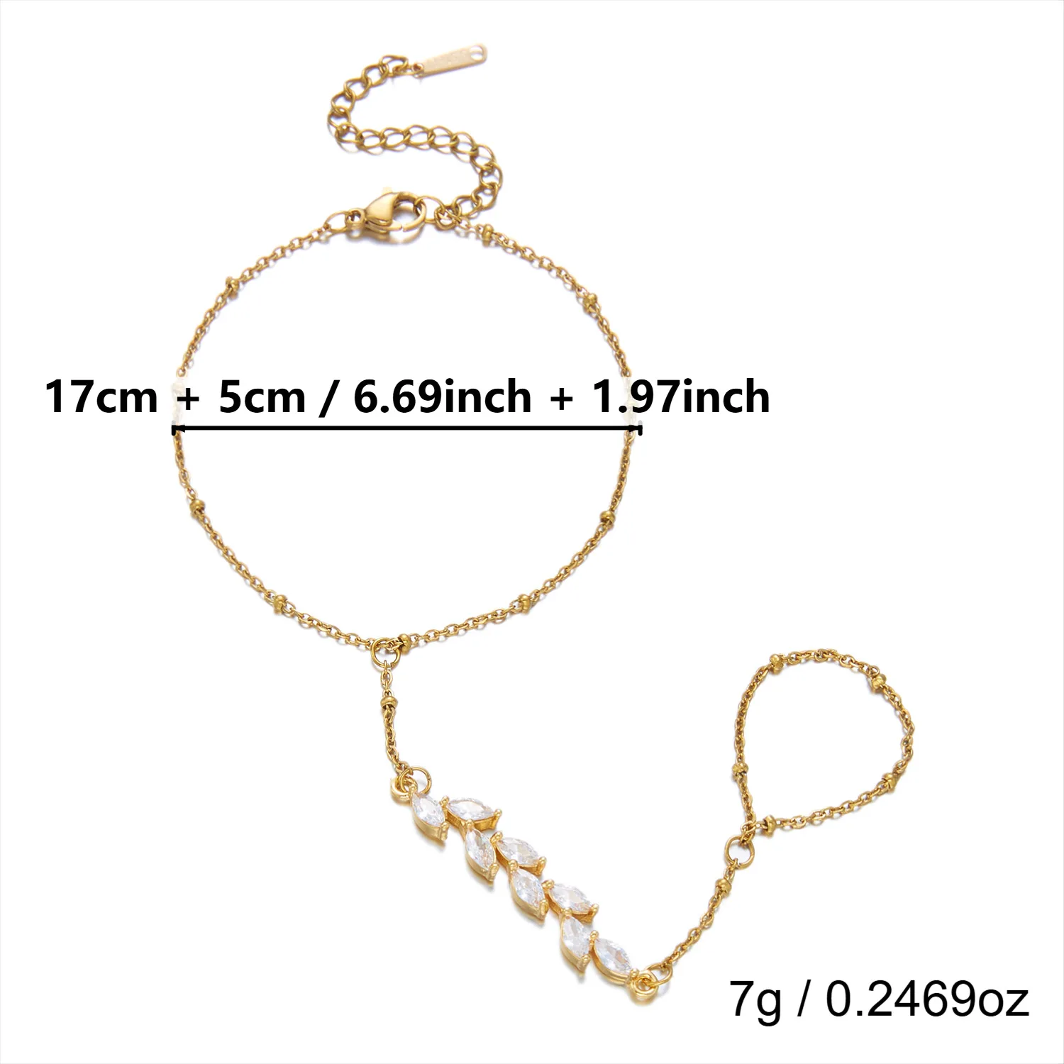 Zierliches Armband mit Zirkonia-Blattanhänger für Damen, vergoldet, aus Edelstahl und Messing, Handkette, Marquise-Schmuck, Geschenk – Detail 3