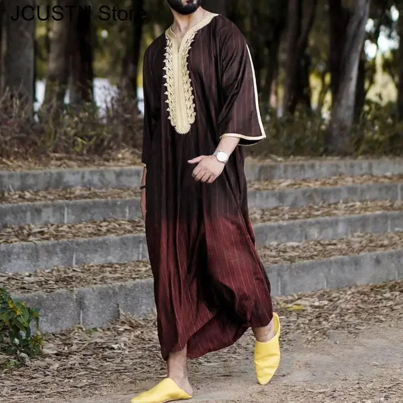 Plus Size 3XL 4XL Loose Breathable Print Islam Kaftan Men Clothing Djellaba Abaya Thobe Caftan Muslim Men's Short Sleeve Robe