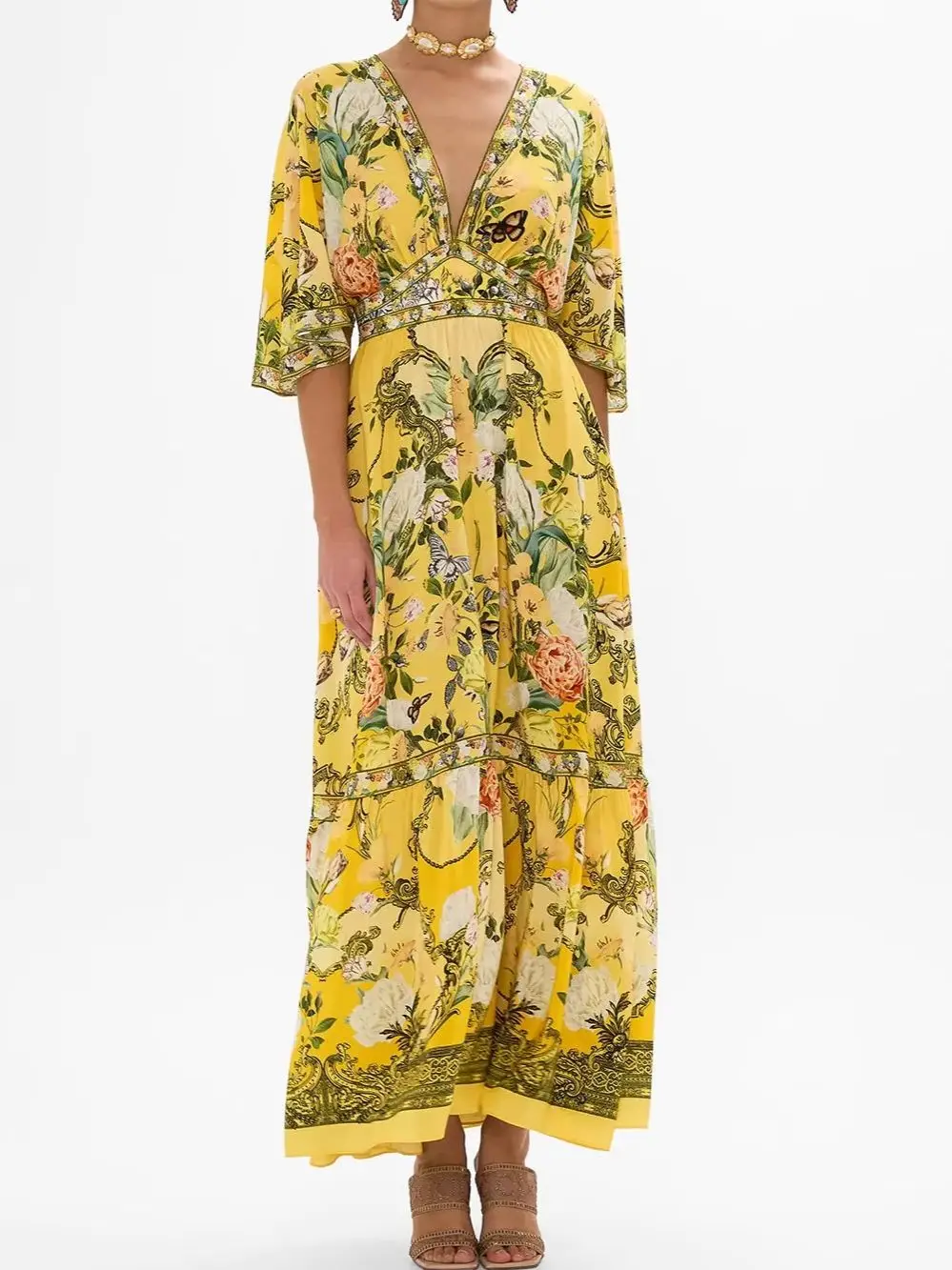 Women Rhinestone Yellow Maxi Dress Flower Positioning Print V-Neck Short Sleeve High Waist Casual Ladies Silk Robe