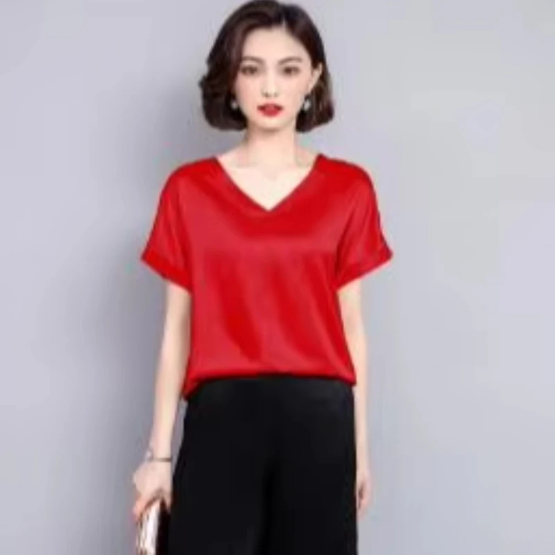 New Women's Short Sleeve T-Shirt Round V-Neck Loose Fit Satin Inner Wear Top Pure Colour Classic Pattern Commute Style T-shirt
