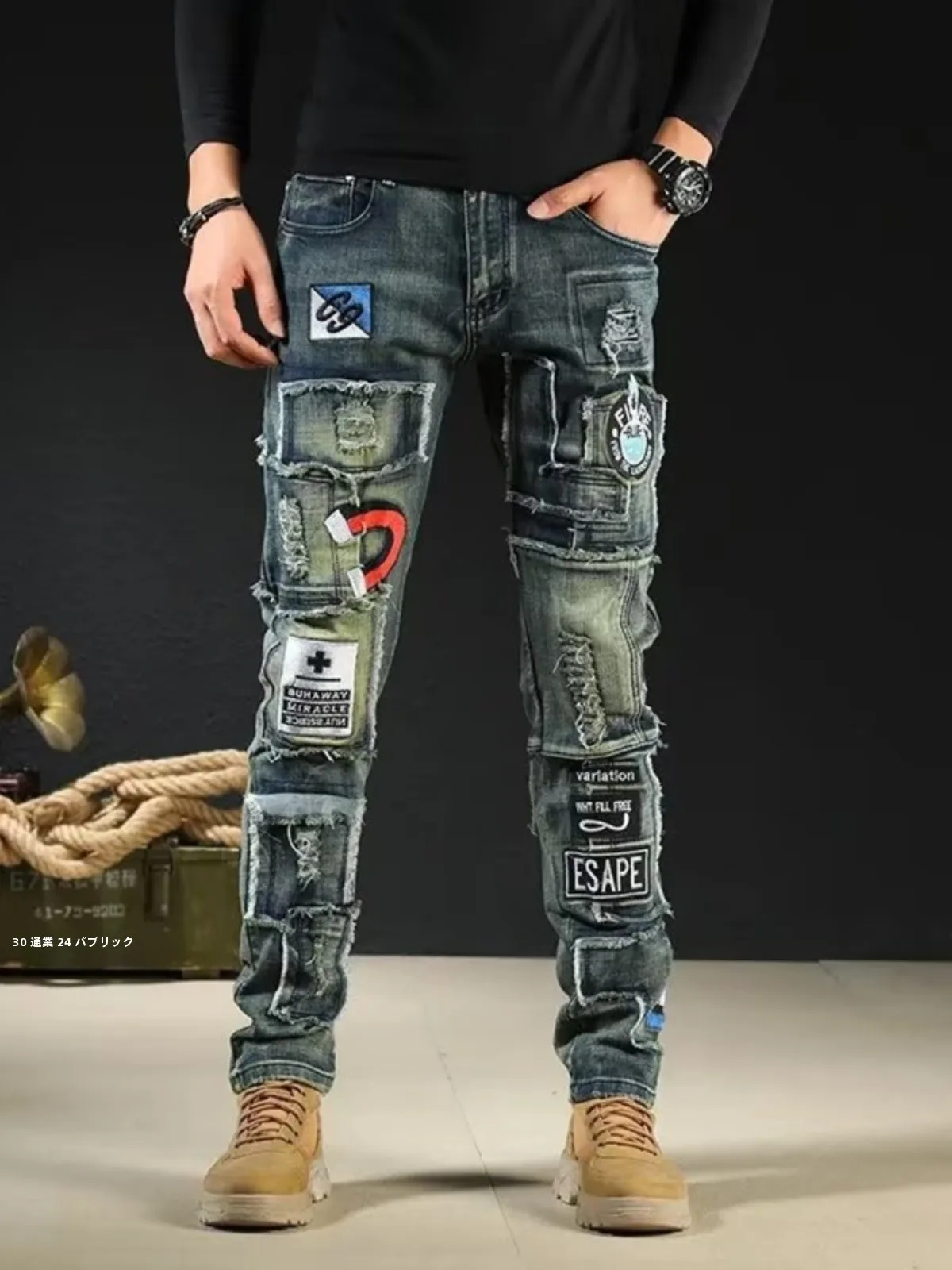 2024 Spring & Fall New Arrival Hole & Patch Embroider Badge Denim Men Straight-leg Silm Stretch Personali Long Pants Men