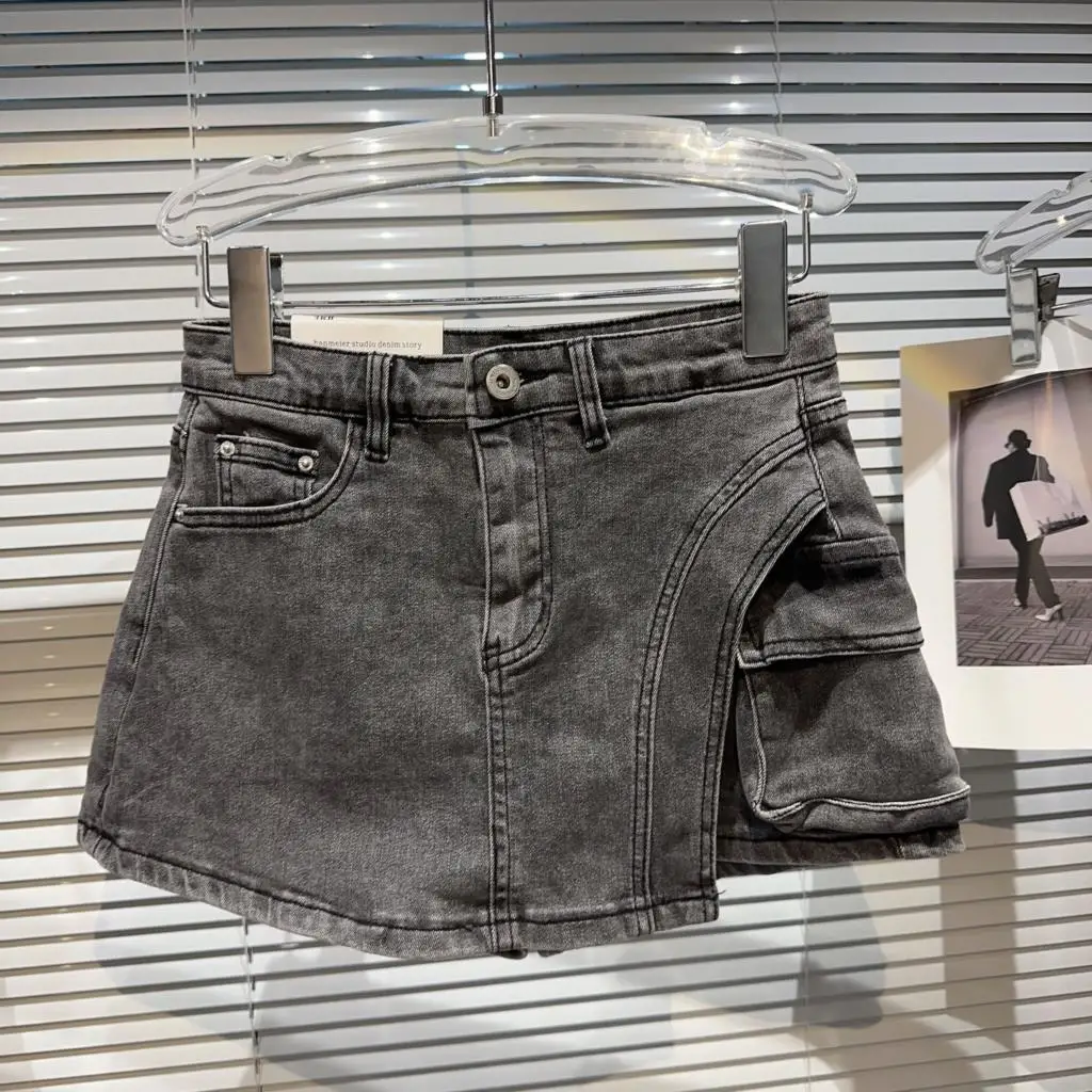 Nowe spodnie damskie w stylu retro z dużymi kieszeniami, krótkie spódnico-spodnie z denimu.