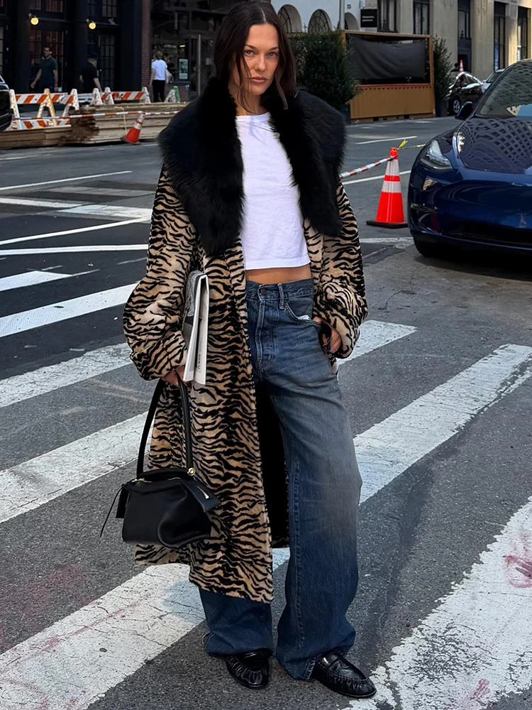 Women Animal Stripe Faux Fur Long Coat Big Black Fluffy Collar Loose Maxi Outerwear Trendy Fall Winter Street Holiday Wear New