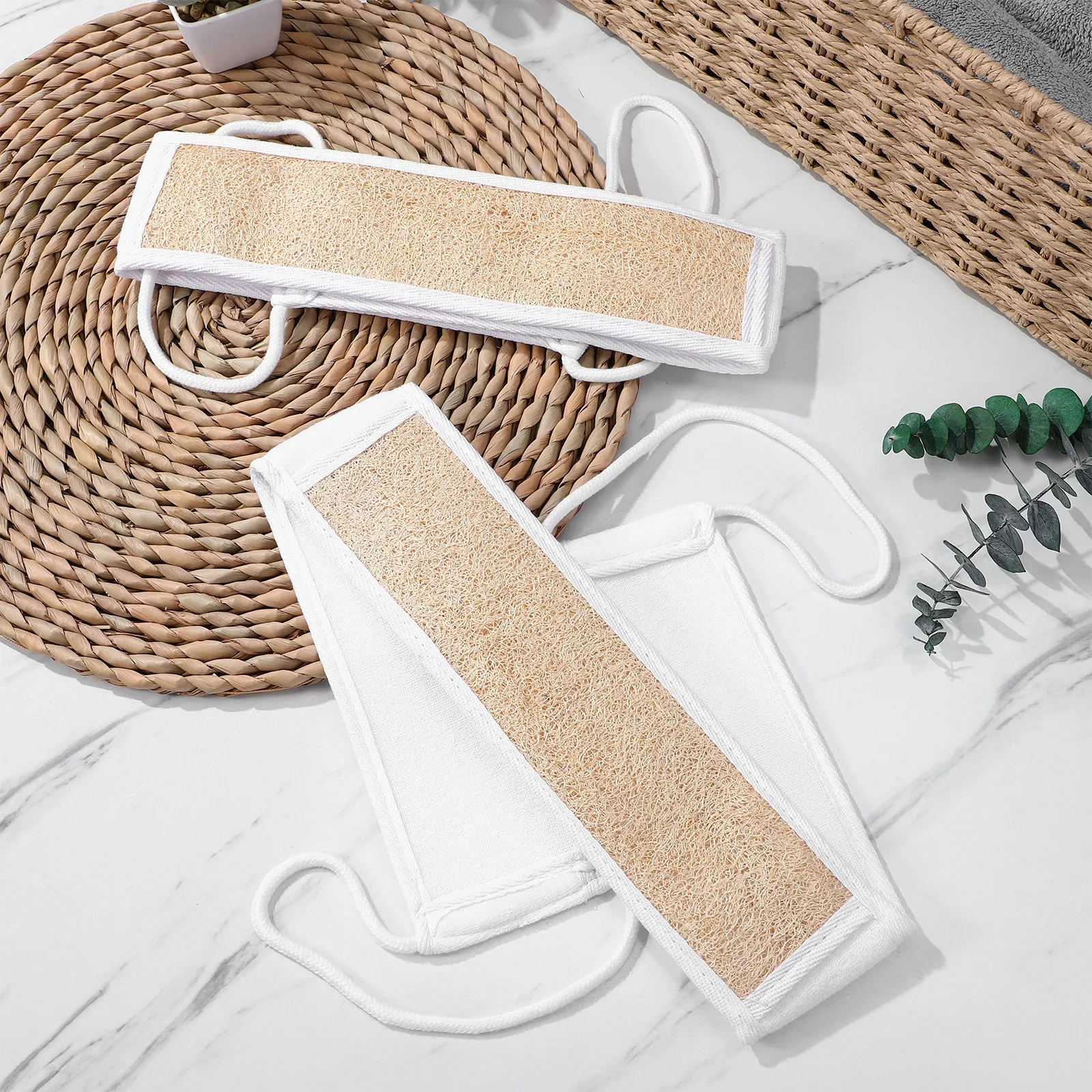 2Pcs Natural Loofah Back Scrubber Set with Ergonomic Strap Handle Exfoliating Body Scrubber for Shower Bath Towel Loofah Sponge
