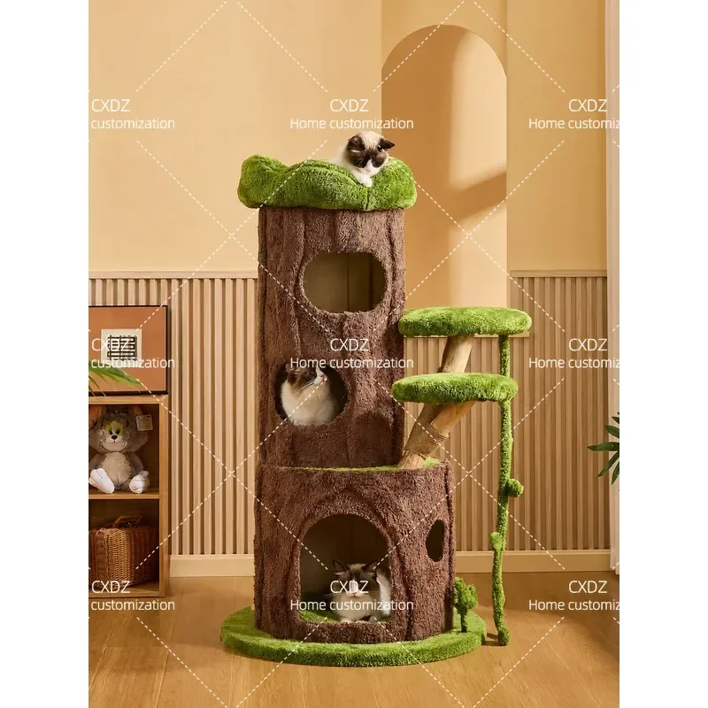 Solid Wood Cat Climbing Frame with Sisal Scratching Post and Cozy Nest Space Saving Jungle Style Cat Tree for Small