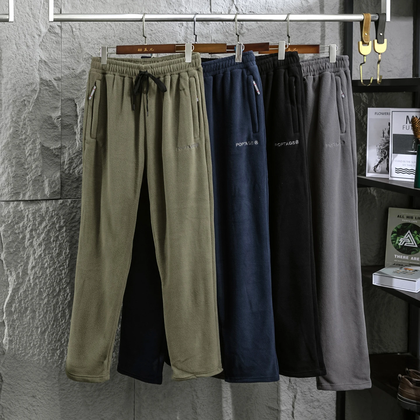 Men's Outdoor Casual Pants Double-sided Fleece Windproof Warm Polyester Fiber Straight Leg Autumn Winter Leisure Trousers